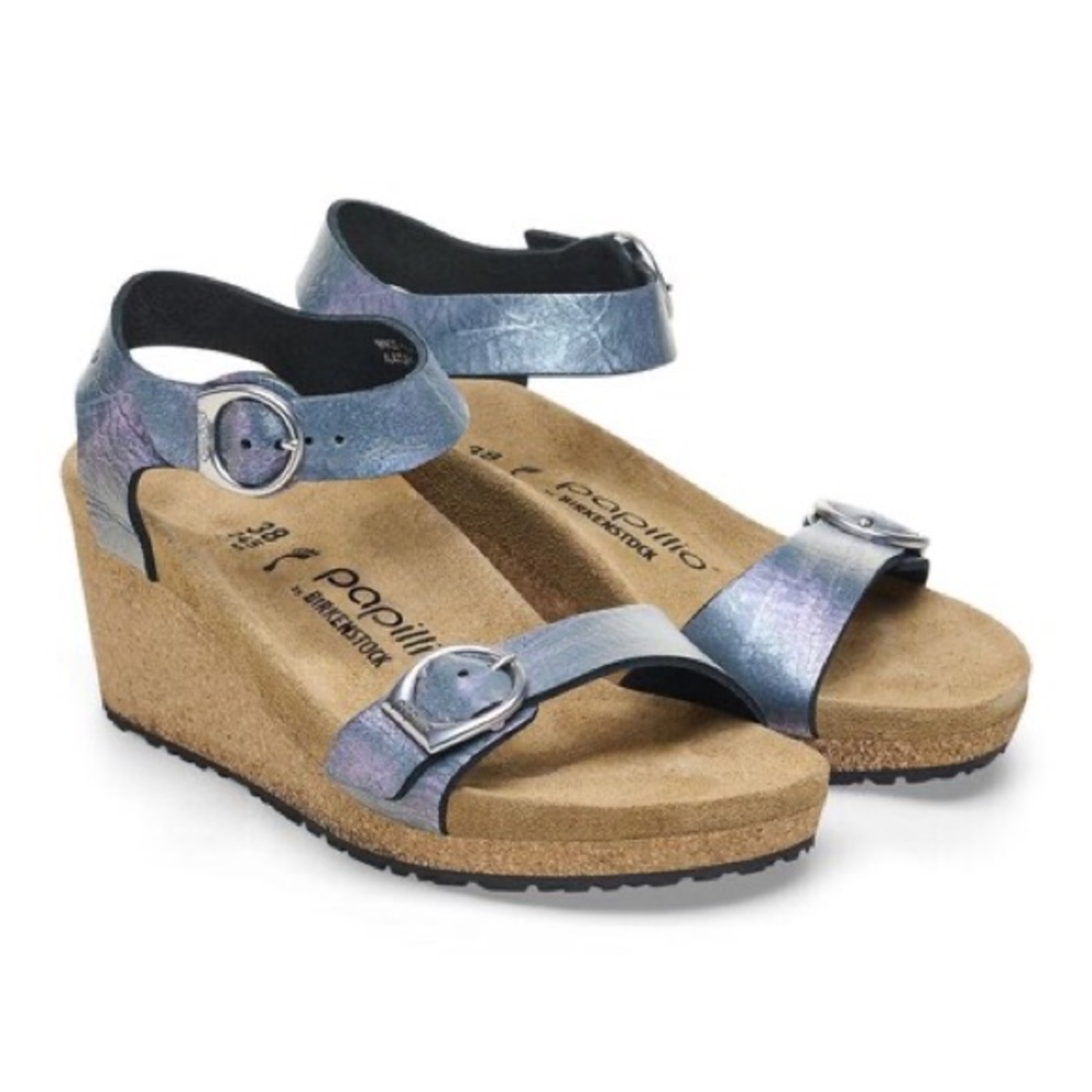 Birkenstock Papillio 38 7.5 Black Metallic Soley Heels Wedges New NWT